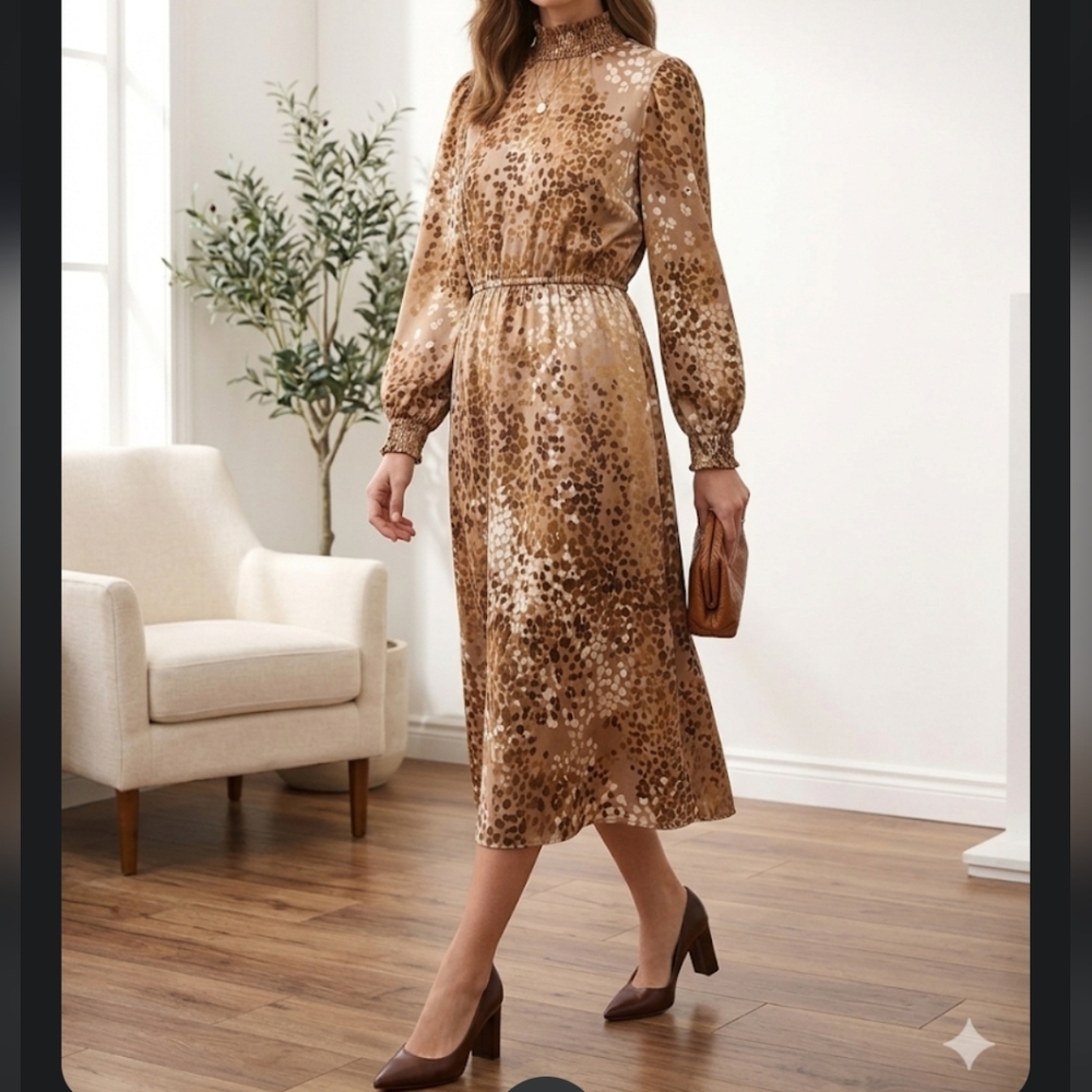 Ann Taylor Animal Print Mock Neck Pleated Midi Dress Large L Neutral